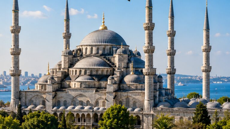 Vista exterior de la Mezquita Azul de Estambul con sus seis minaretes y visitantes en Sultanahmet