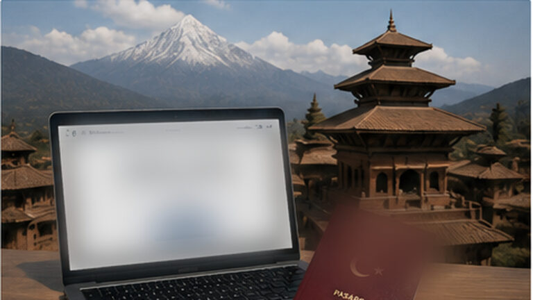 Nepal e-vize sistemi için çevrim içi başvuruyu simgeleyen Nepal manzarası, bilgisayar ve Türk pasaportu