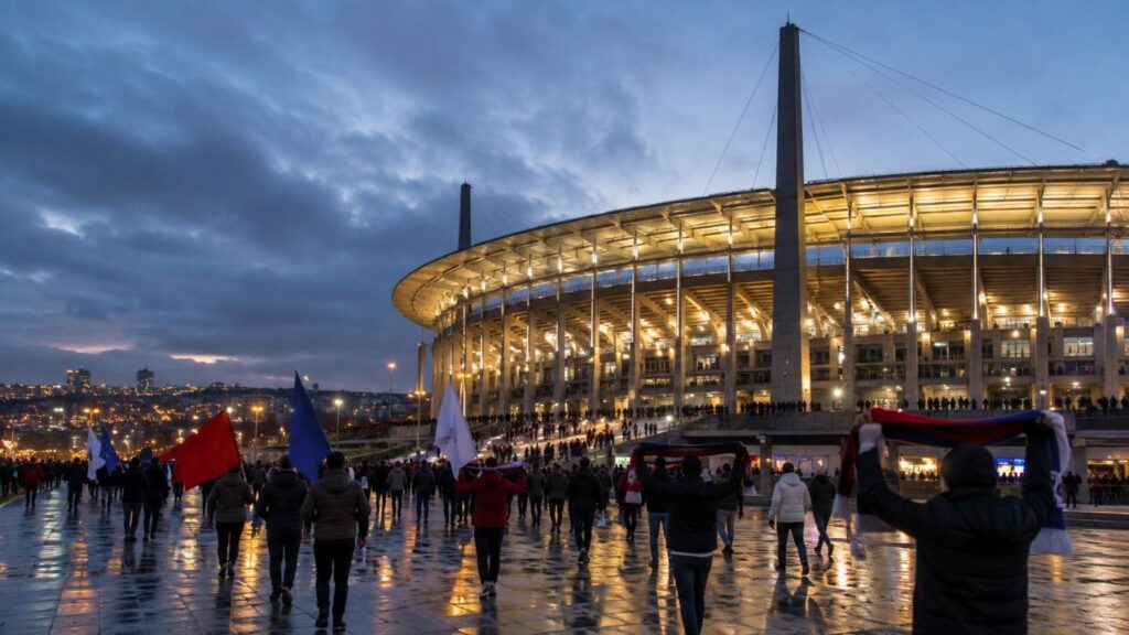 Aficionados entrando en un gran estadio de Estambul al anochecer antes de un partido