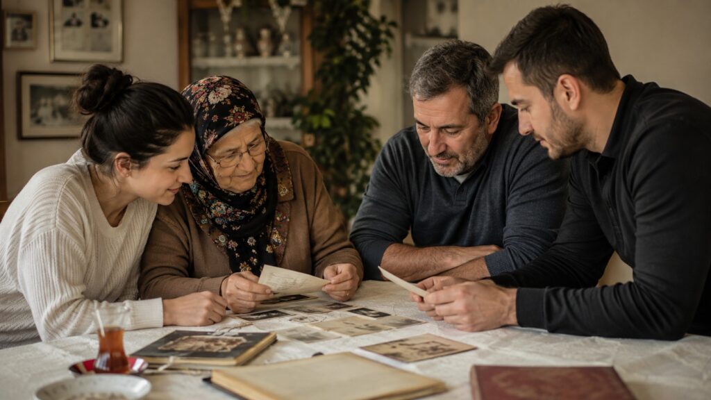 Familia turca revisa fotografías y documentos familiares en casa
