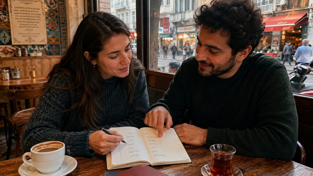 Dos personas comparan vocabulario turco y español durante una conversación informal en Estambul