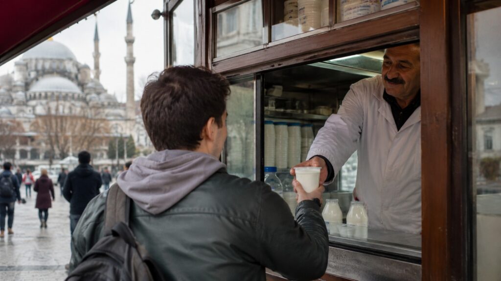 Viajero español compra un yogur en un pequeño quiosco de Estambul