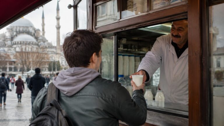 Viajero español compra un yogur en un pequeño quiosco de Estambul