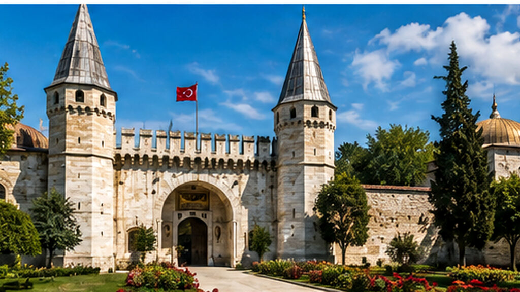 Palacio de Topkapı en Estambul con la Puerta de la Salutación y jardines del recinto