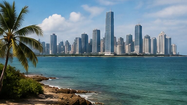 Panama Pensionado oturumu haberini temsil eden Panama City kıyı ve şehir manzarası