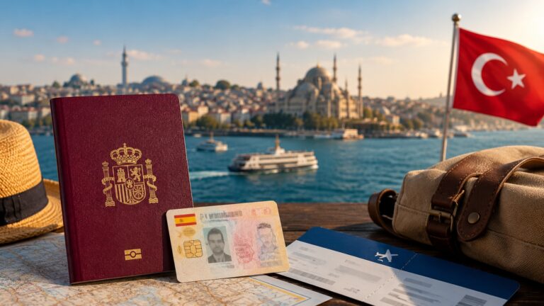 Pasaporte español y documentos de viaje frente a Estambul para una emergencia consular en Turquía