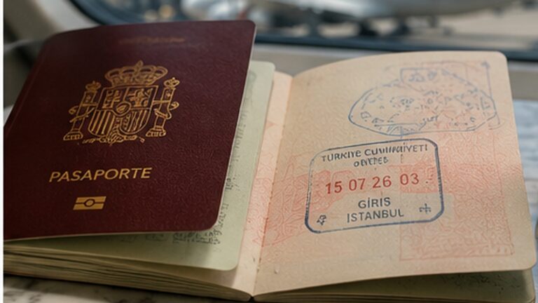 Pasaporte español abierto con un sello de entrada a Turquía y páginas interiores visibles