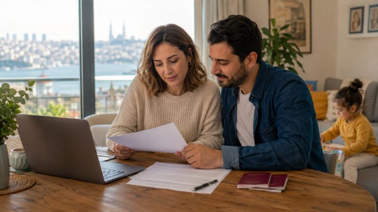 Familia revisando documentos para un permiso de residencia familiar en Turquía