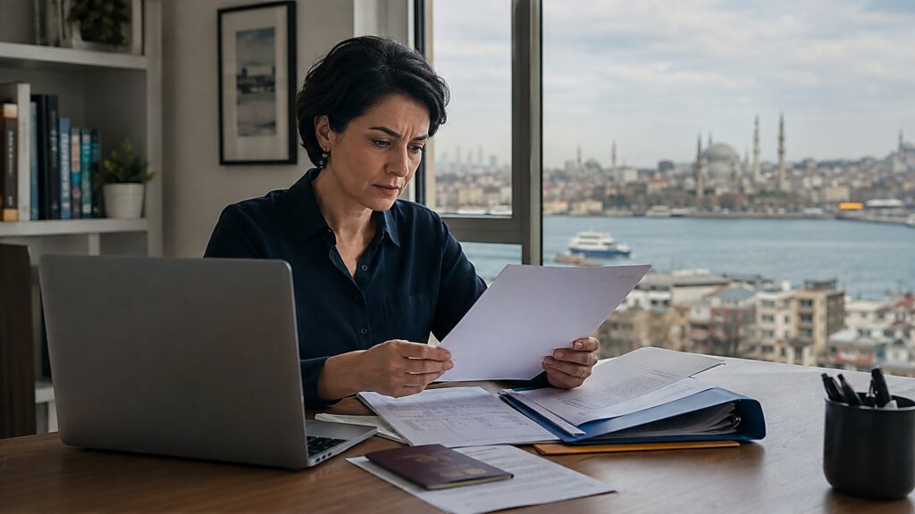 Mujer revisando una notificación de residencia rechazada en Turquía
