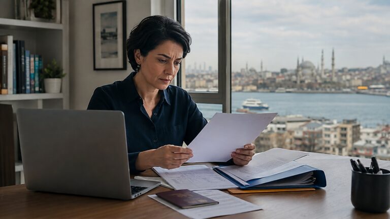 Mujer revisando una notificación de residencia rechazada en Turquía