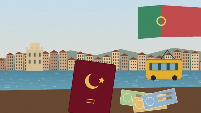 Portekiz Schengen vizesi için maddi yeterlilik hesabını temsil eden Türk pasaportu, euro ve Lizbon görseli