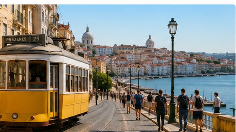 Portekiz turizm stratejisi haberini temsil eden Lizbon tramvayı ve turistler