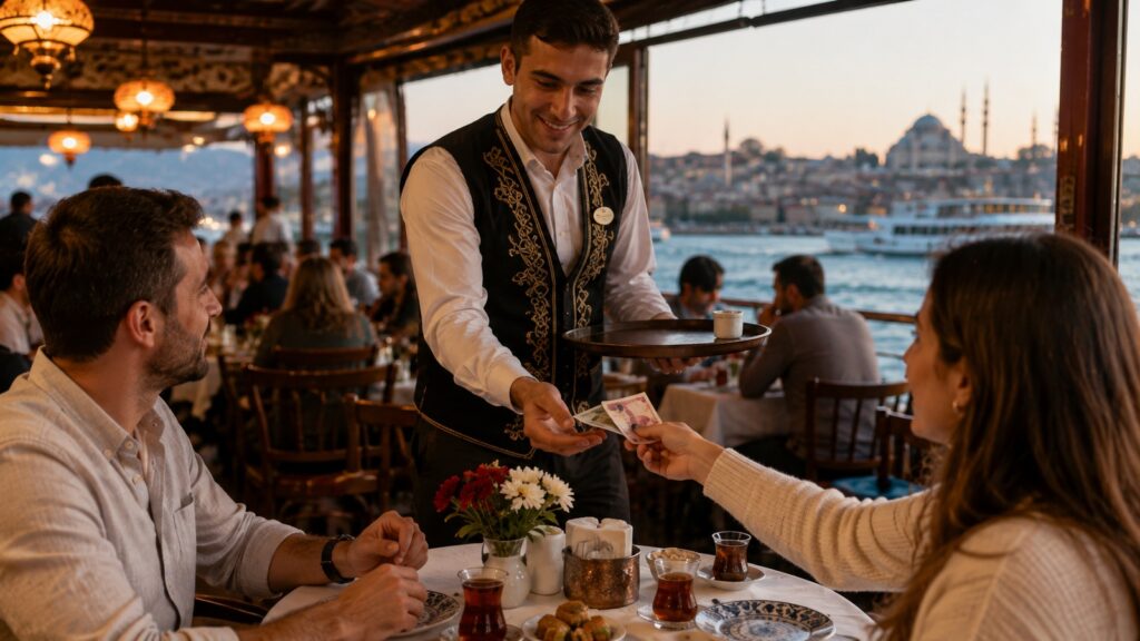 Cliente dejando propinas en Turquía a un camarero en un restaurante de Estambul