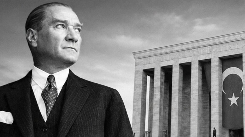Representación editorial de Mustafa Kemal Atatürk junto a Anıtkabir y la bandera turca