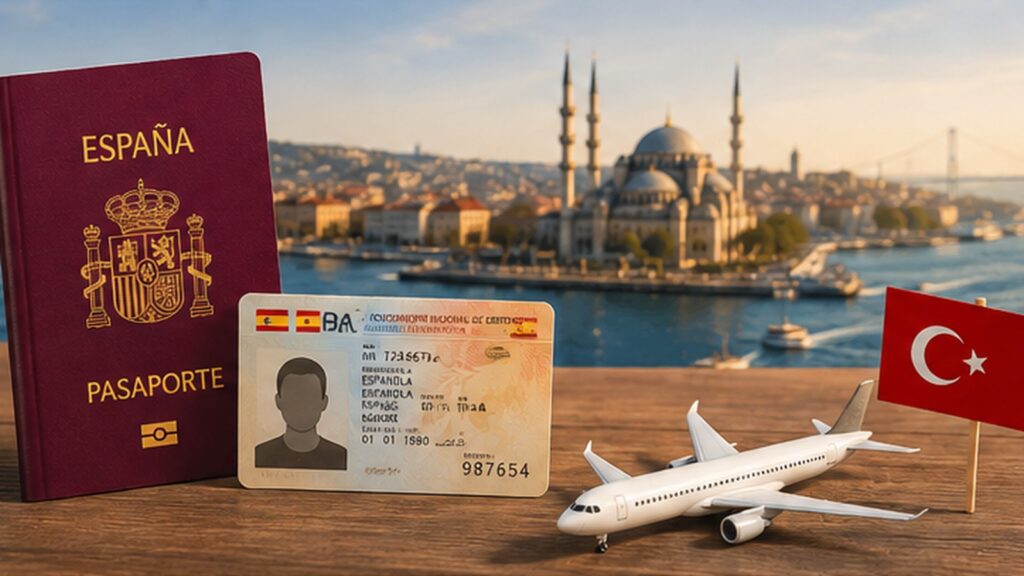 Pasaporte español, DNI y avión con Estambul al fondo para viajar a Turquía