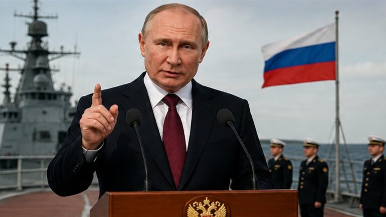 Rus gemilerine el koyma geriliminde Vladimir Putin, Rus savaş gemisi ve Rusya bayrağı