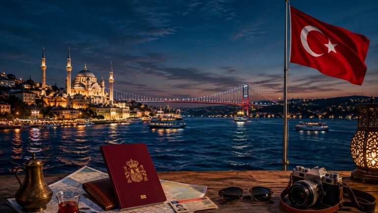 Mesa de viaje con pasaporte español frente a una vista nocturna del Bósforo de Estambul