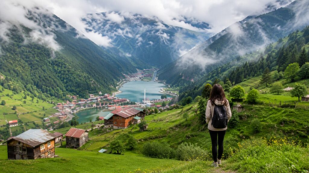 Viajera frente a un lago de montaña rodeado de bosques verdes