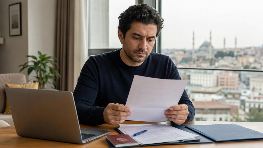 Hombre revisando documentación administrativa y laboral junto a un portátil en Turquía