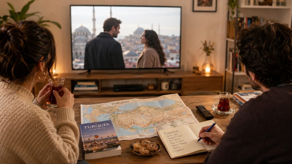 Pareja planificando un viaje a Turquía mientras ve una serie turca en casa