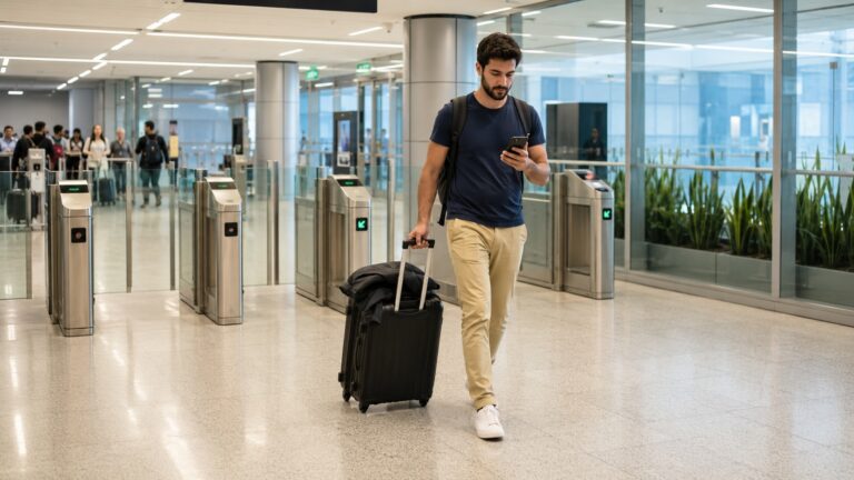 Şili kalıcı oturum 2 yıl kuralı kapsamında havalimanındaki göç kontrol alanından geçen valizli yolcu