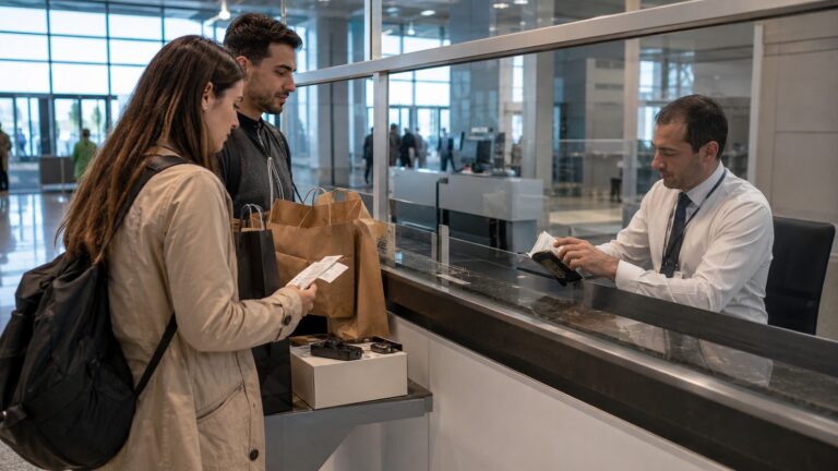 Viajera española con compras y documentación de Tax Free en un aeropuerto de Turquía