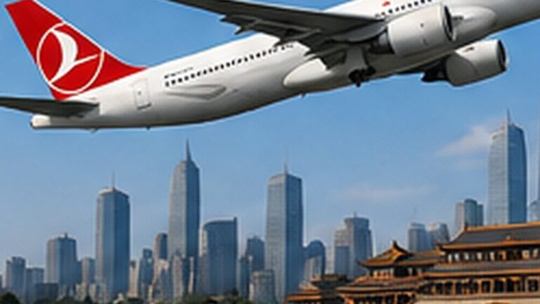 THY Chengdu uçuşları için Çin şehri üzerinde uçan Türk yolcu uçağı