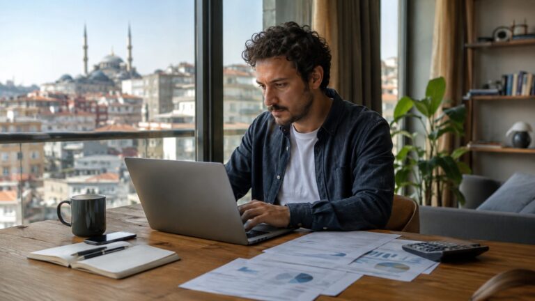 Profesional español revisando documentos y trabajando con portátil desde Estambul