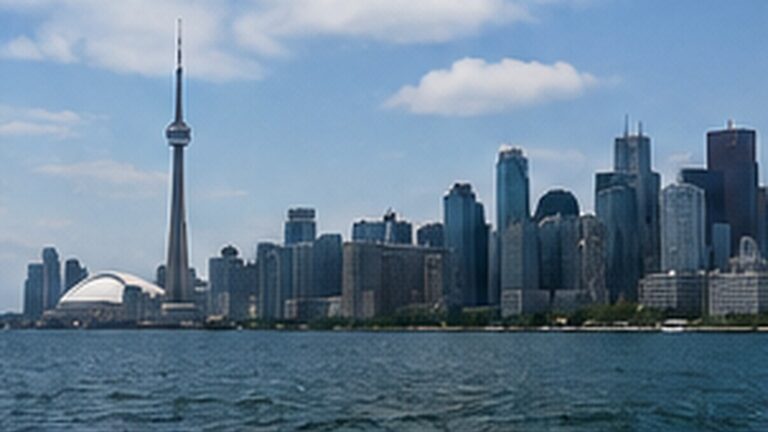 Trump Lake America kararı haberini temsil eden Ontario Gölü kıyısından Toronto silueti ve göl manzarası