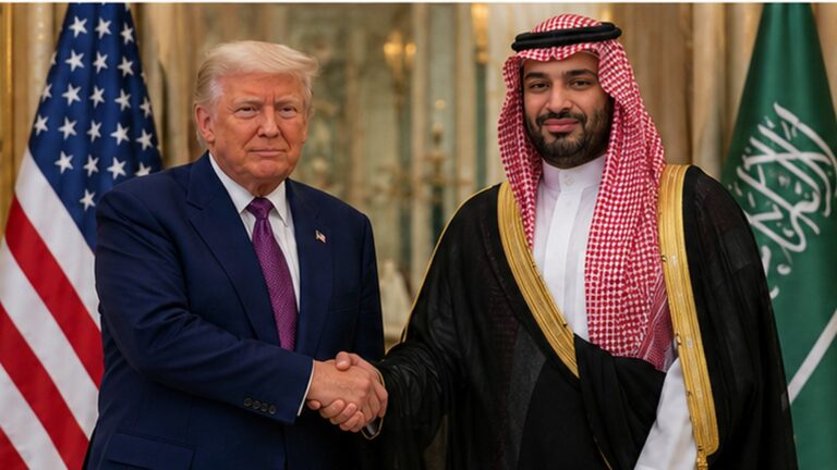 Trump Mekke Anlaşması haberini temsil eden ABD ve Suudi Arabistan bayrakları önünde diplomatik görüşme sahnesi