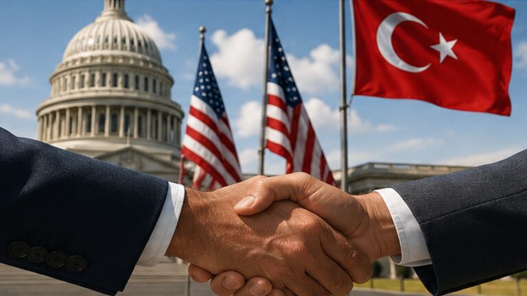 Türkiye Ballard Partners lobi anlaşması için Washington’da Türkiye ve ABD bayrakları önünde diplomatik görüşme