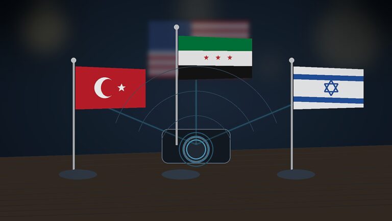 Türkiye İsrail çatışmasızlık mekanizması için Türkiye, Suriye ve İsrail bayraklarını güvenli iletişim hattıyla gösteren editoryal görsel