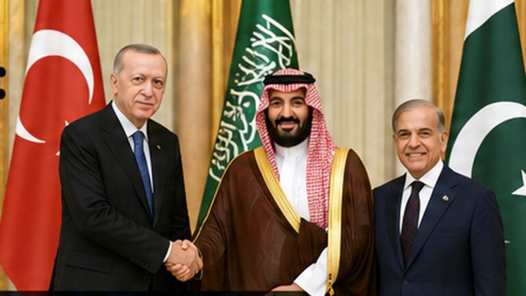 Türkiye Suudi Arabistan Pakistan savunma anlaşması haberini temsil eden yapay zekâ üretimi diplomatik sahne