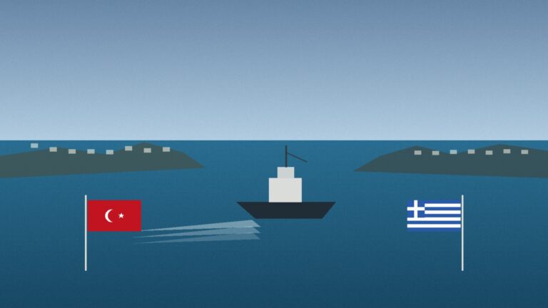 Türkiye Yunanistan Ege gerilimi kapsamında Ege Denizi’nde iki ülkenin kıyılarını ve deniz trafiğini temsil eden görsel