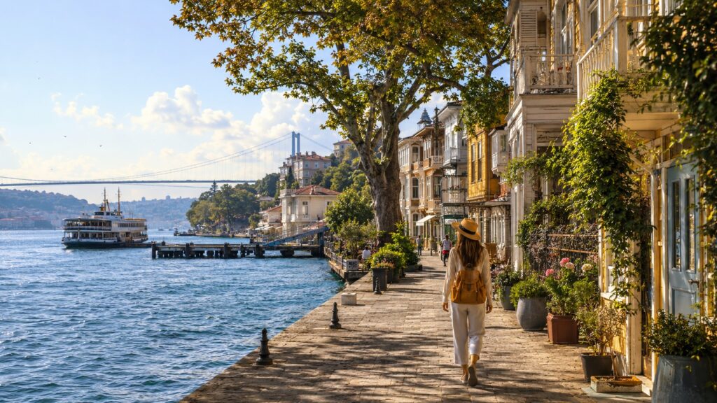 Viajera caminando por un paseo costero del Bósforo entre casas históricas