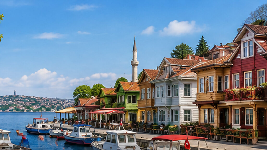 Üsküdar y Kuzguncuk junto al Bósforo con casas de madera, barcos y paseo marítimo