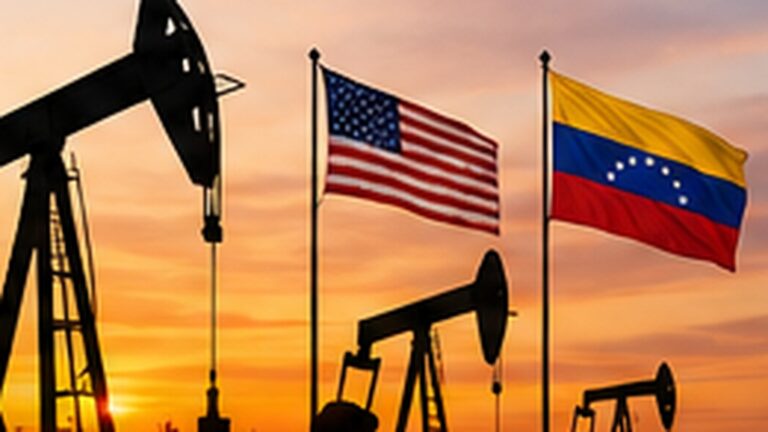 Venezuela ABD petrol anlaşması kapsamında petrol pompaları ile ABD ve Venezuela bayraklarını gösteren yazısız editoryal görsel