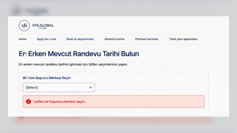 VFS Çekya randevu aracında başvuru merkezi seçilemeyen Türkiye ekranı