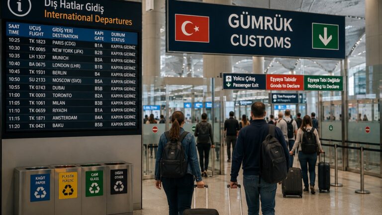 Viajeros con maletas caminando por la zona de salidas internacionales de un aeropuerto de Estambul