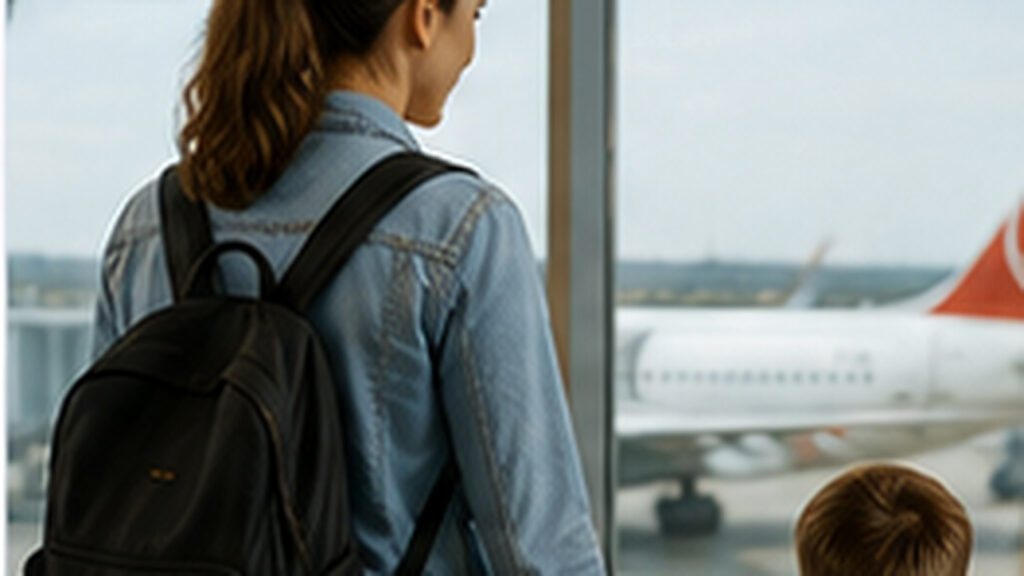 Madre con su hijo en un aeropuerto antes de viajar a Turquía