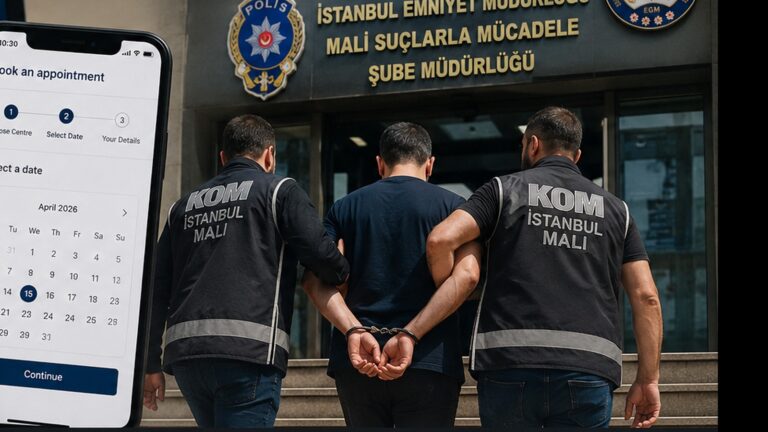 Vize randevusu soruşturması kapsamında botla randevu ve operasyonu temsil eden pasaport, telefon ve polis sahnesi