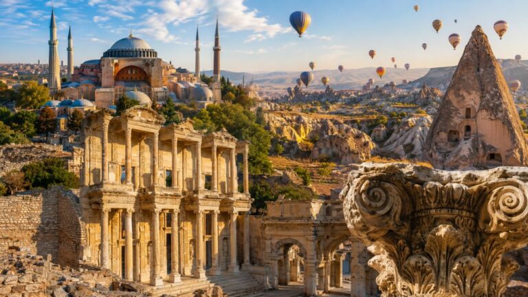 Viajera frente a las ruinas antiguas de Éfeso, uno de los lugares UNESCO de Turquía