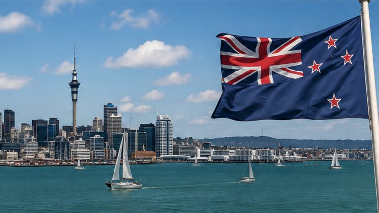 Yeni Zelanda yatırımcı vizesi haberini temsil eden Auckland şehir manzarası ve Yeni Zelanda bayrağı