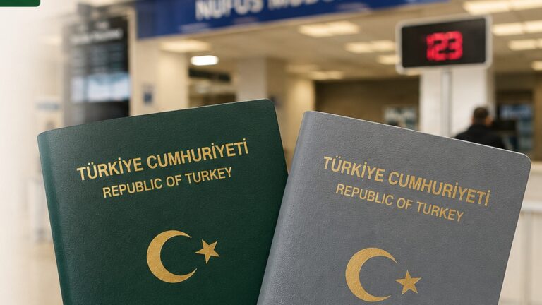 Nüfus müdürlüğünde yeşil ve gri Türk pasaportları