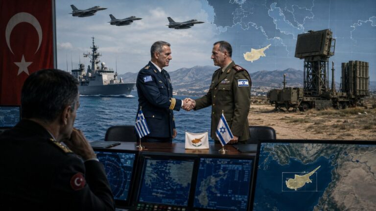 Yunanistan İsrail askeri işbirliği kapsamında İsrail, Yunanistan ve Kıbrıs Rum Kesimi arasındaki askeri temasları temsil eden editoryal görsel