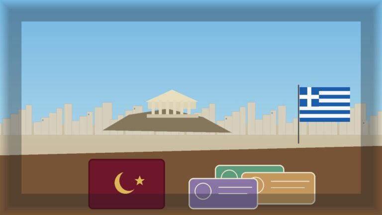 Yunanistan Schengen vizesi için maddi yeterlilik hesabını temsil eden Türk pasaportu, euro banknotları ve Atina şehir dokusu