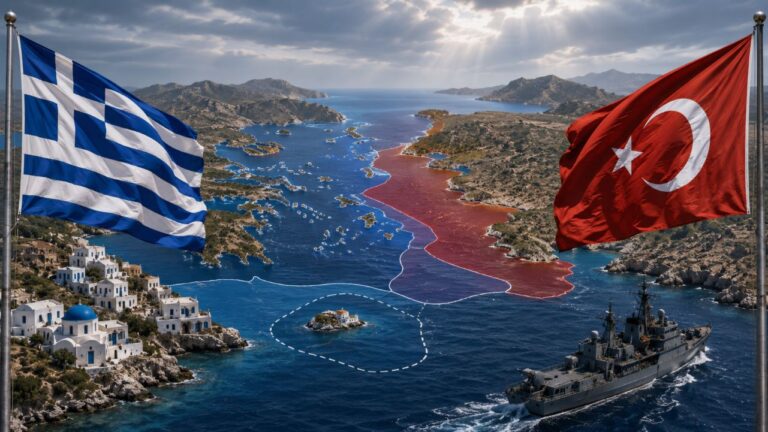 Yunanistan Meis gerilimi haberini temsil eden Ege Denizi, Türkiye ve Yunanistan arasındaki deniz yetki alanı tartışmasını temsil eden kıyı ve deniz sahnesi