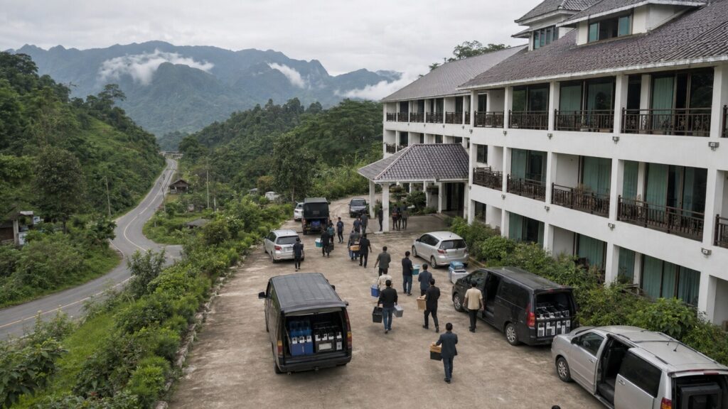 Yüksek maaşlı iş diye yurt dışına götürüp dolandırıcılık yaptırıyorlar 1 Laos'un dağlık bölgesindeki bir otelden elektronik cihaz kutularının çıkarıldığı geniş açılı operasyon sahnesi
