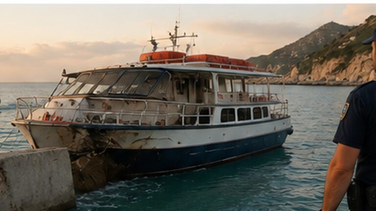 Zakynthos turist teknesi kazası için limandaki tur teknesini ve beton koruma bloklarını gösteren özgün haber görseli