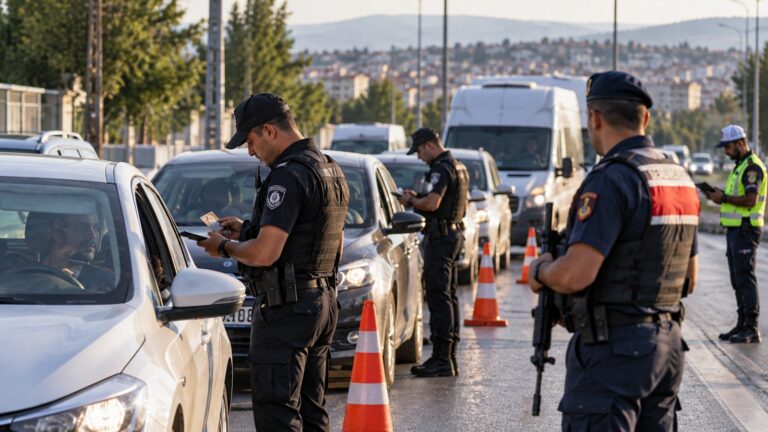 81 ilde düzensiz göç denetimi kapsamında yol kontrolünde kimlik inceleyen güvenlik görevlilerini gösteren temsili görsel